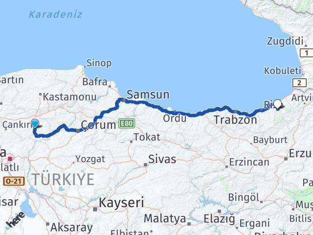 Çankırı Çamlıhemşin Rize Arası Kaç Km - Yol Haritası