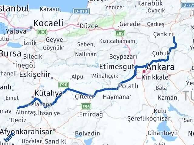 Çankırı Çavdarhisar Kütahya Arası Kaç Km - Yol Haritası