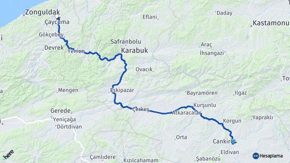 Çankırı Çaycuma Zonguldak Arası Kaç Km - Yol Haritası