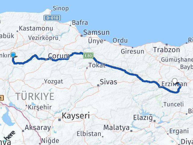 Çankırı Çayırlı Erzincan Arası Kaç Km - Yol Haritası