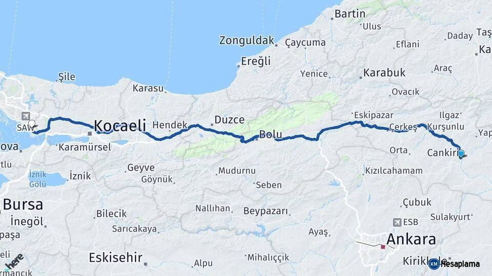 Çankırı Çayırova Kocaeli Arası Kaç Km - Yol Haritası