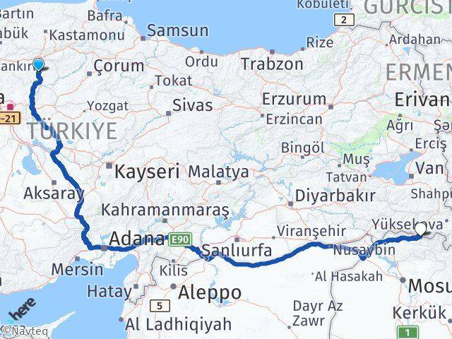Çankırı Çukurca Hakkari Arası Kaç Km - Yol Haritası