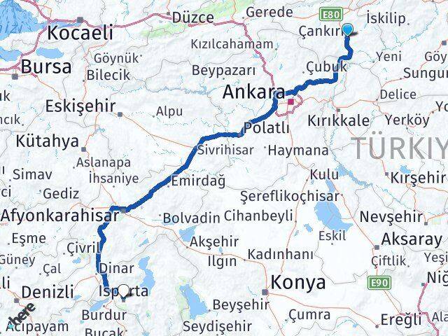 Çankırı Çünür Isparta Arası Kaç Km - Yol Haritası