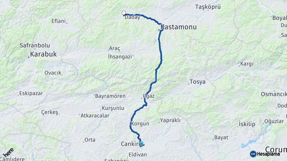 Çankırı Daday Kastamonu Arası Kaç Km - Yol Haritası