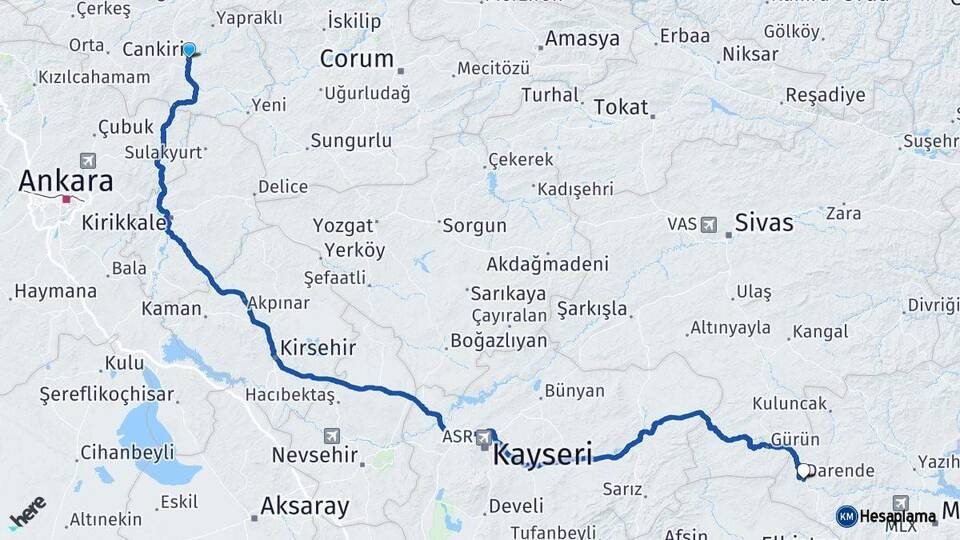 Çankırı Darende Malatya Arası Kaç Km - Yol Haritası