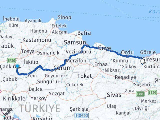 Çankırı Dereli Giresun Arası Kaç Km - Yol Haritası
