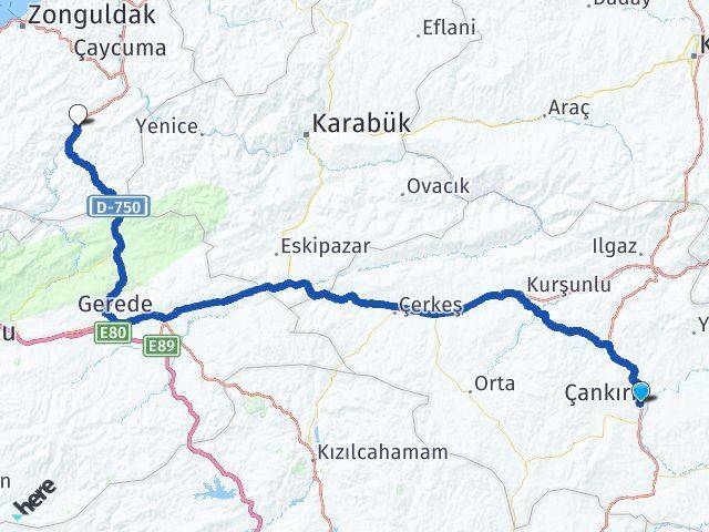 Çankırı Devrek Zonguldak Arası Kaç Km - Yol Haritası