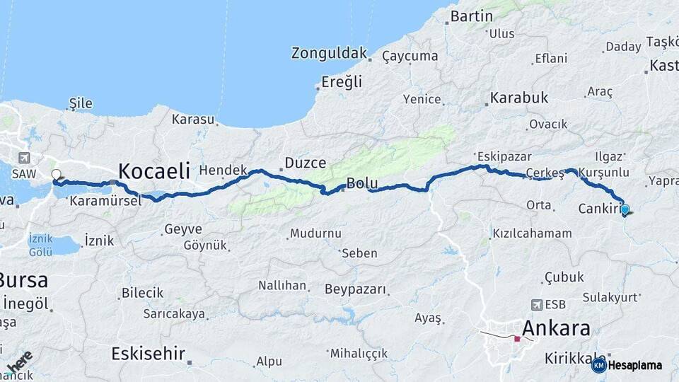 Çankırı Dilovası Kocaeli Arası Kaç Km - Yol Haritası