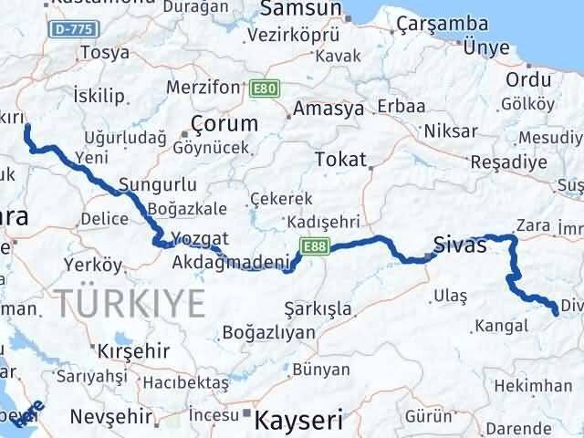 Çankırı Divriği Sivas Arası Kaç Km - Yol Haritası