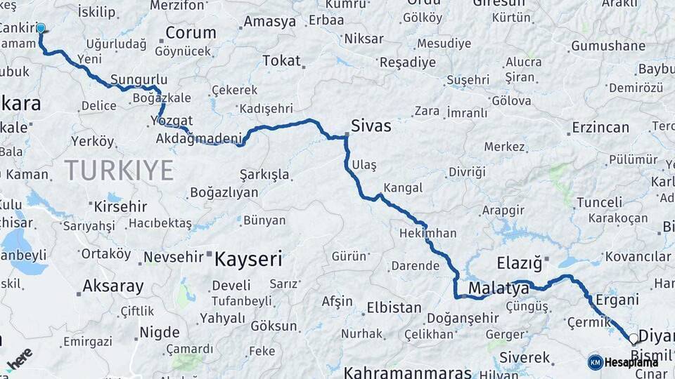 Çankırı Diyarbakır Arası Kaç Km - Yol Haritası