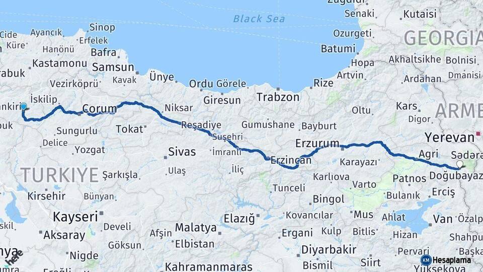 Çankırı Doğubayazıt Ağrı Arası Kaç Km - Yol Haritası