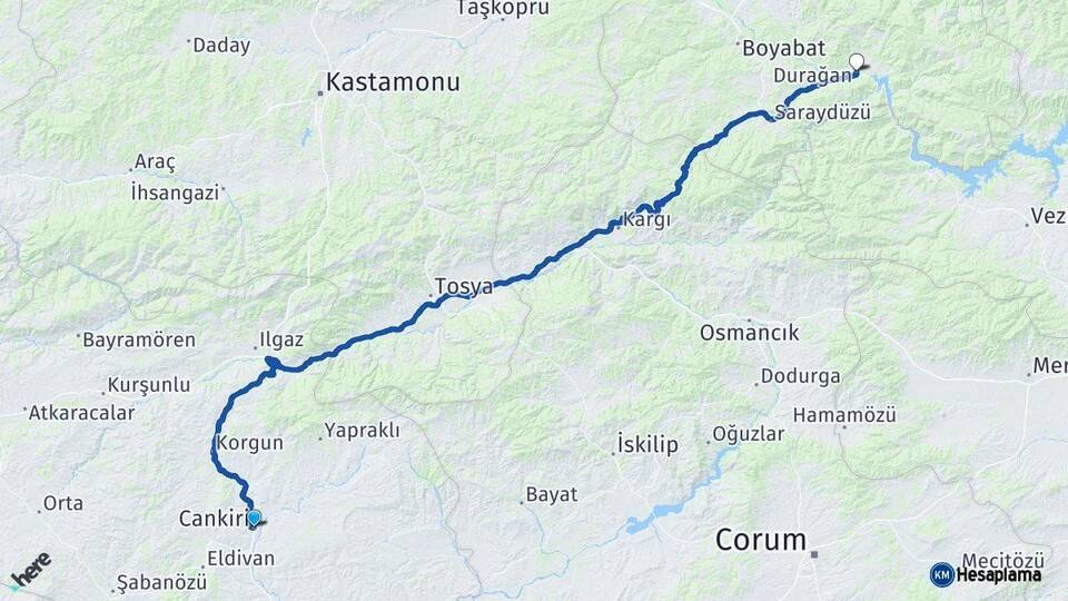 Çankırı Durağan Sinop Arası Kaç Km - Yol Haritası