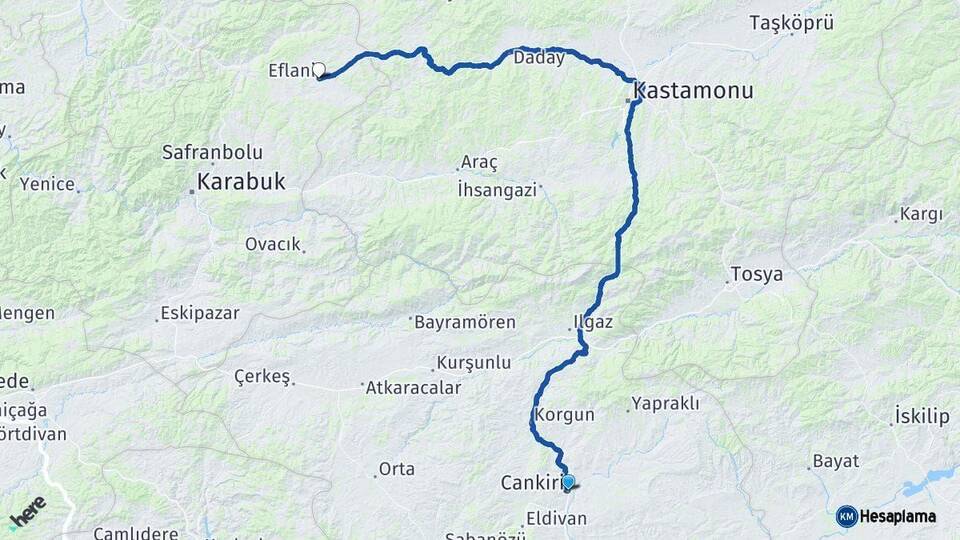 Çankırı Eflani Karabük Arası Kaç Km - Yol Haritası