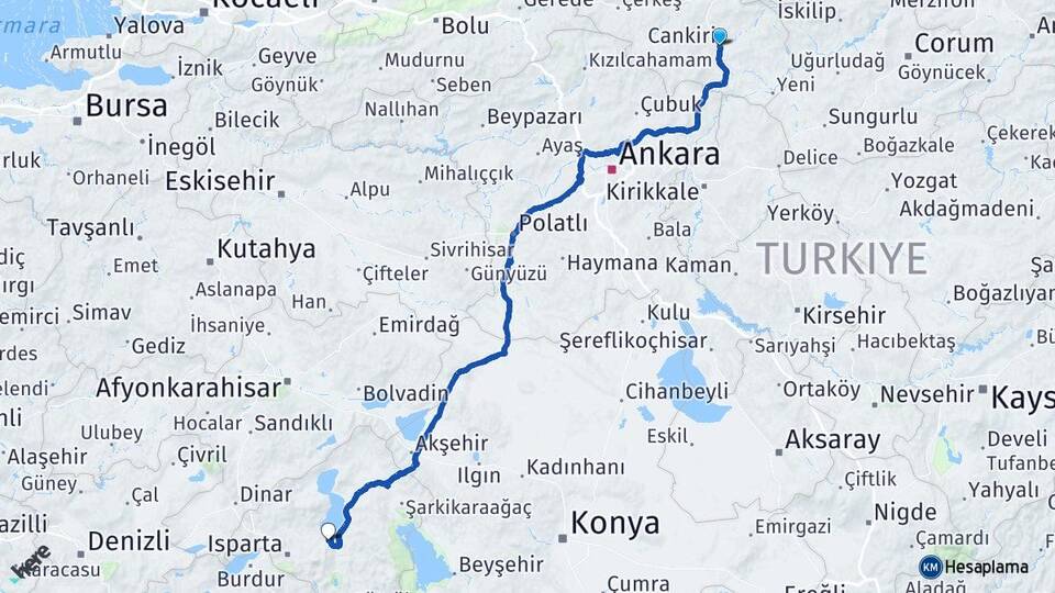 Çankırı Eğirdir Isparta Arası Kaç Km - Yol Haritası