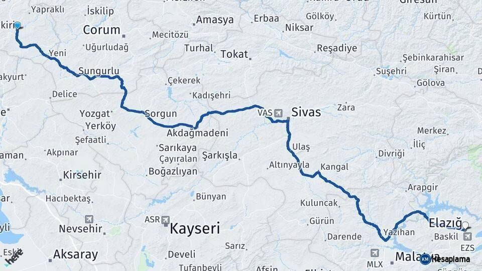 Çankırı Elazığ Arası Kaç Km - Yol Haritası