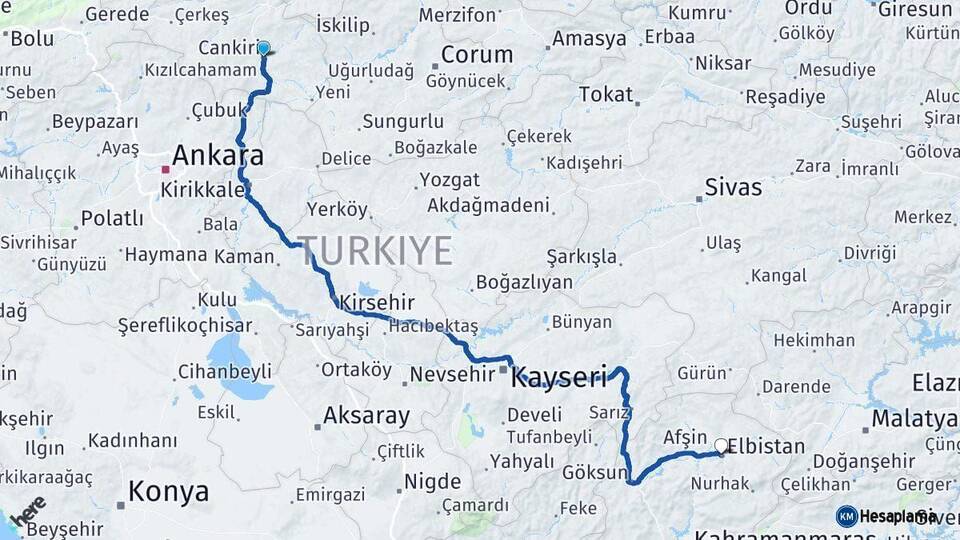 Çankırı Elbistan Kahramanmaraş Arası Kaç Km - Yol Haritası