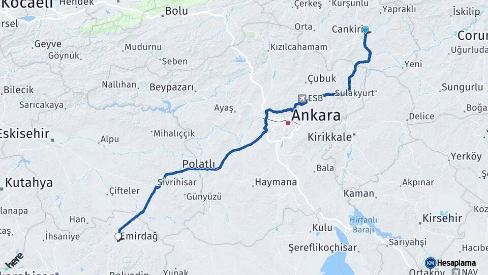 Çankırı Emirdağ Afyonkarahisar Arası Kaç Km - Yol Haritası