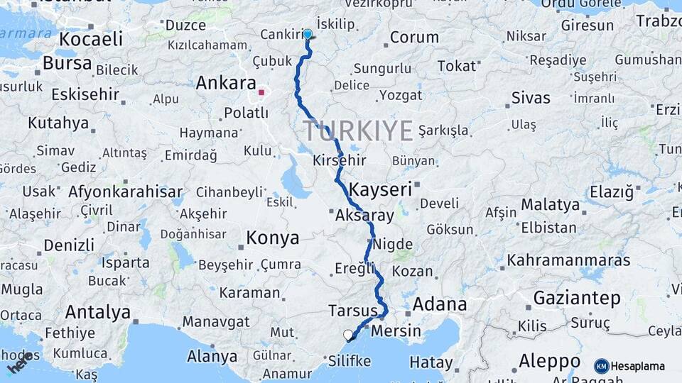 Çankırı Erdemli Mersin Arası Kaç Km - Yol Haritası