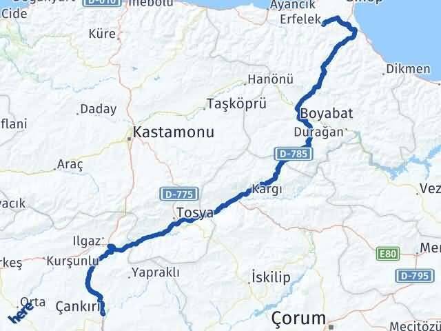 Çankırı Erfelek Sinop Arası Kaç Km - Yol Haritası