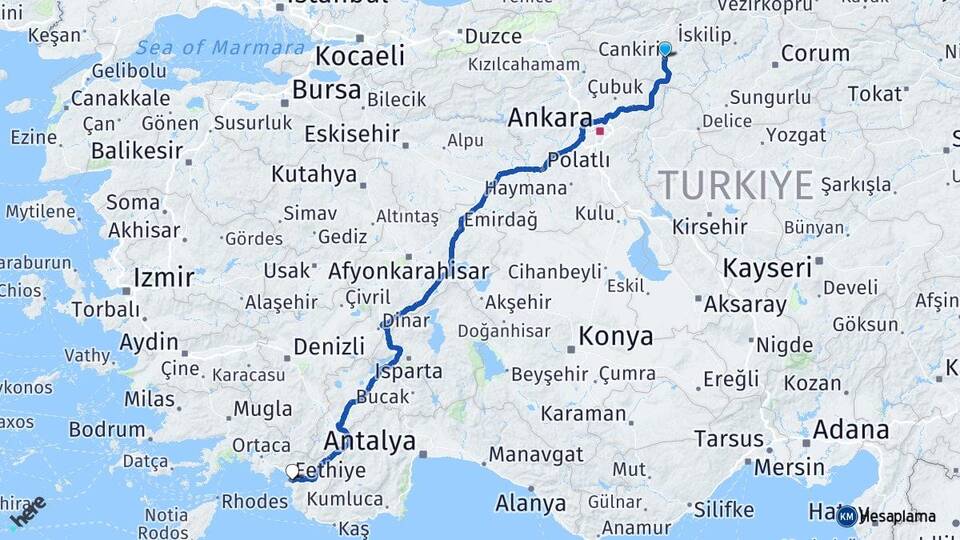 Çankırı Fethiye Muğla Arası Kaç Km - Yol Haritası