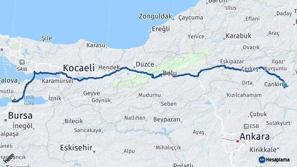 Çankırı Gemlik Bursa Arası Kaç Km - Yol Haritası