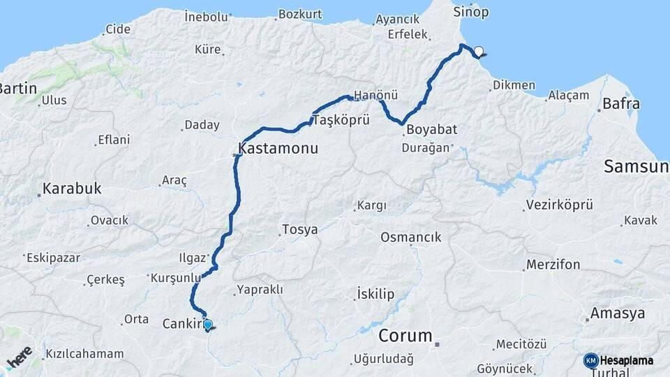 Çankırı Gerze Sinop Arası Kaç Km - Yol Haritası