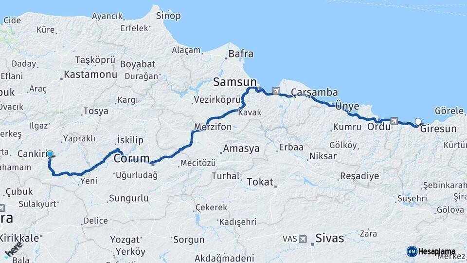Çankırı Giresun Arası Kaç Km - Yol Haritası