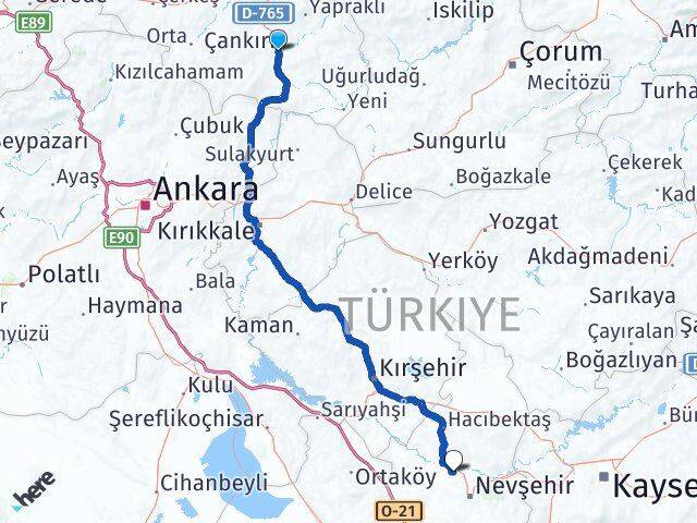 Çankırı Gülşehir Nevşehir Arası Kaç Km - Yol Haritası