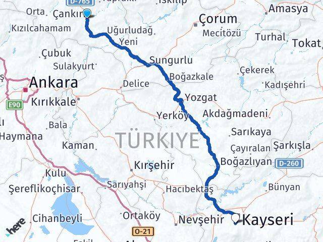 Çankırı Hacılar Kayseri Arası Kaç Km - Yol Haritası