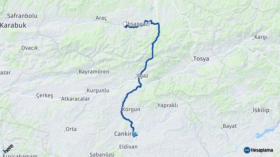Çankırı İhsangazi Kastamonu Arası Kaç Km - Yol Haritası