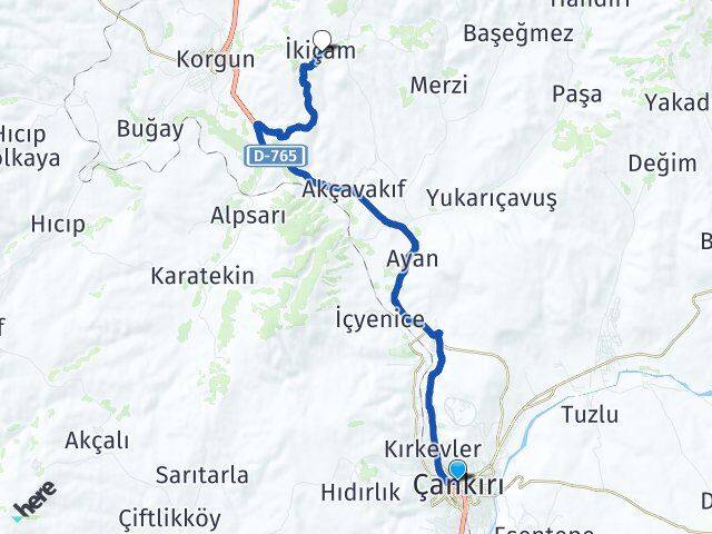 Çankırı İkiçam Korgun Arası Kaç Km - Yol Haritası