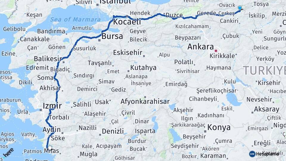 Çankırı Ilgaz Akbük Didim Aydın Arası Kaç Km - Yol Haritası