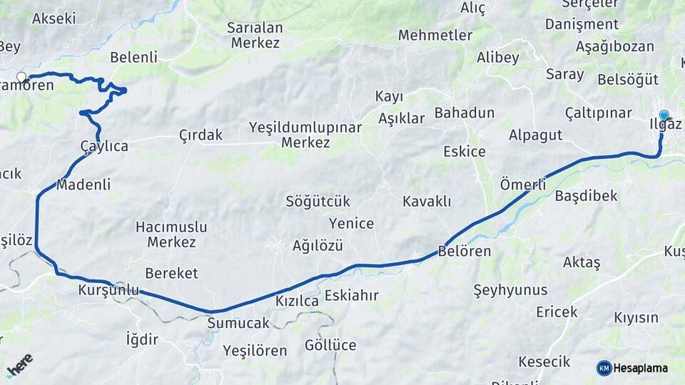 Çankırı Ilgaz Bayramören Arası Kaç Km - Yol Haritası