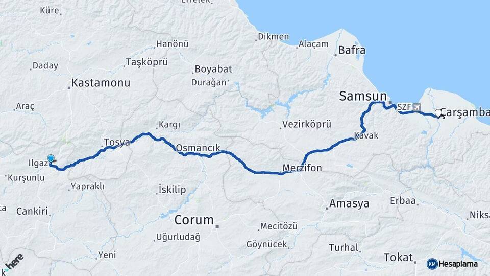 Çankırı Ilgaz Çarşamba Samsun Arası Kaç Km - Yol Haritası