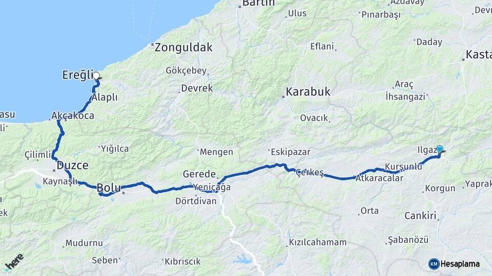 Çankırı Ilgaz Ereğli Zonguldak Arası Kaç Km - Yol Haritası