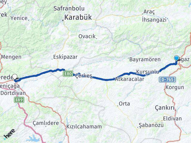 Çankırı Ilgaz Gerede Bolu Arası Kaç Km - Yol Haritası