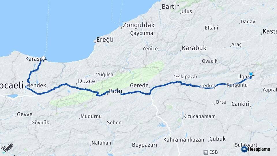Çankırı Ilgaz Karasu Sakarya Arası Kaç Km - Yol Haritası