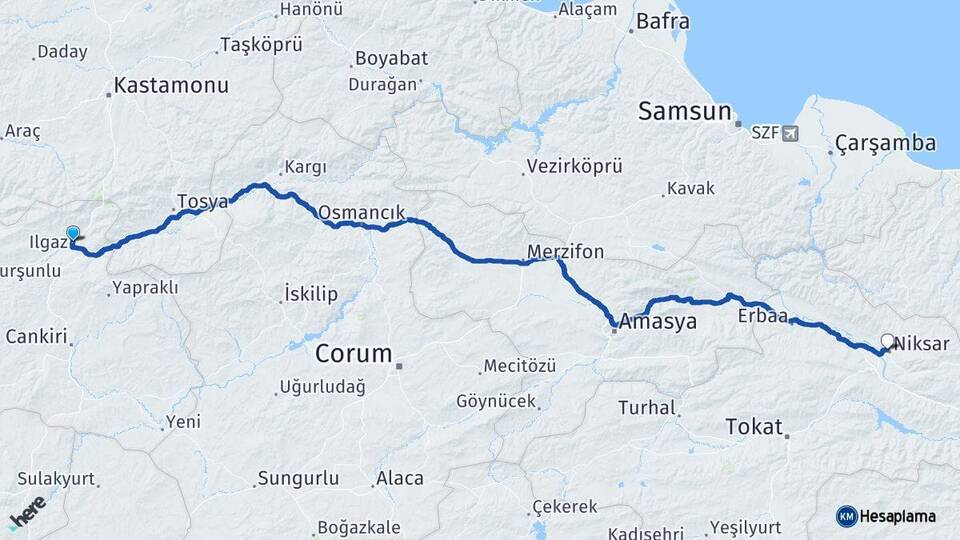 Çankırı Ilgaz Niksar Tokat Arası Kaç Km - Yol Haritası