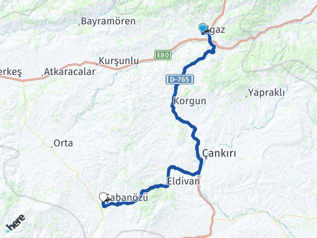 Çankırı Ilgaz Şabanözü Arası Kaç Km - Yol Haritası