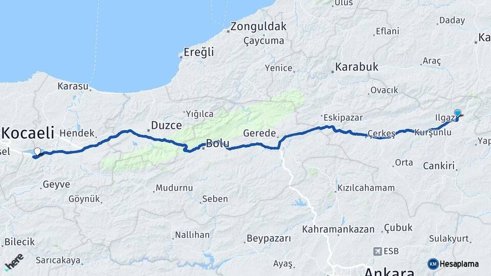 Çankırı Ilgaz Sapanca Sakarya Arası Kaç Km - Yol Haritası