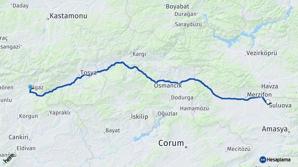 Çankırı Ilgaz Suluova Amasya Arası Kaç Km - Yol Haritası