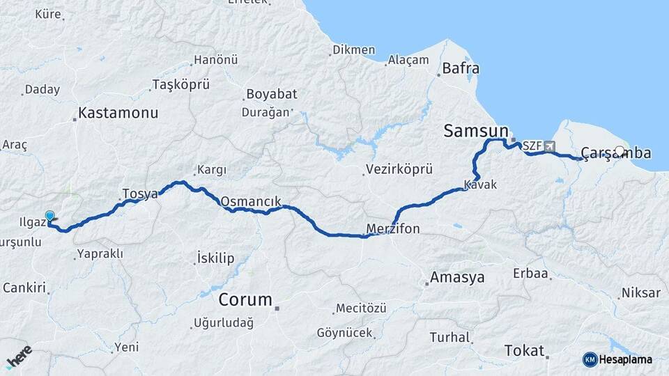 Çankırı Ilgaz Terme Samsun Arası Kaç Km - Yol Haritası