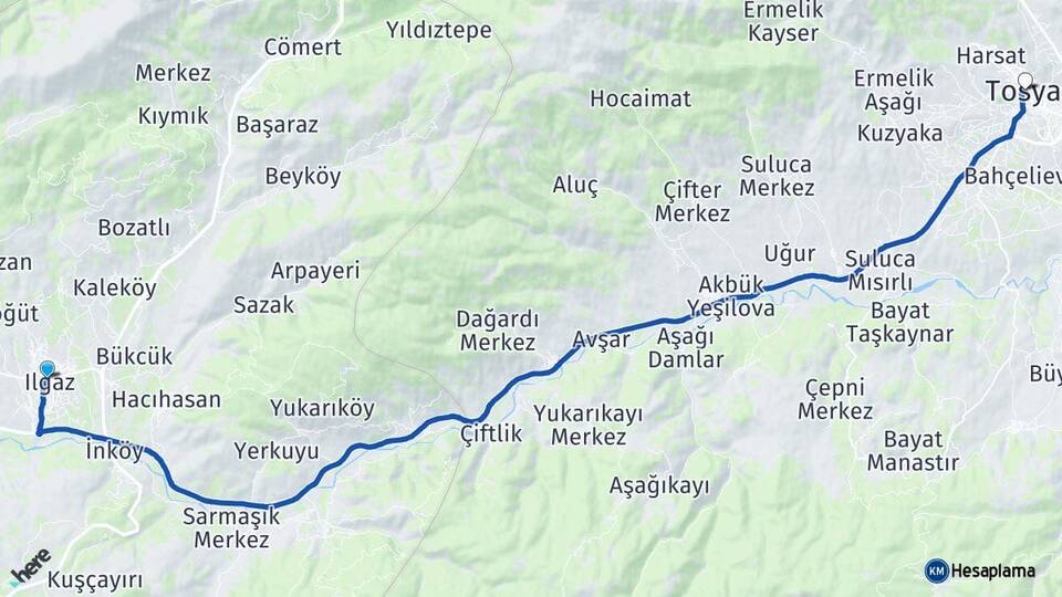 Çankırı Ilgaz Tosya Kastamonu Arası Kaç Km - Yol Haritası