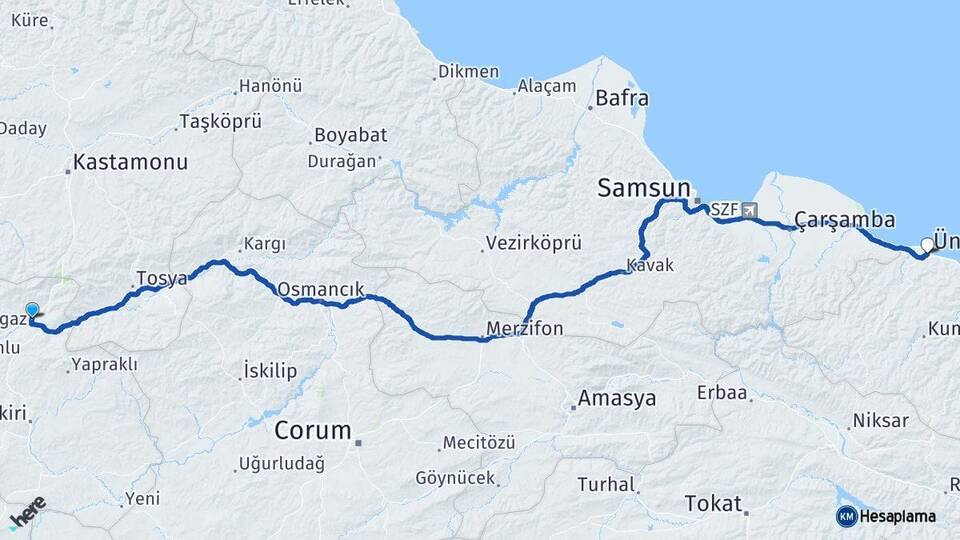Çankırı Ilgaz Ünye Ordu Arası Kaç Km - Yol Haritası
