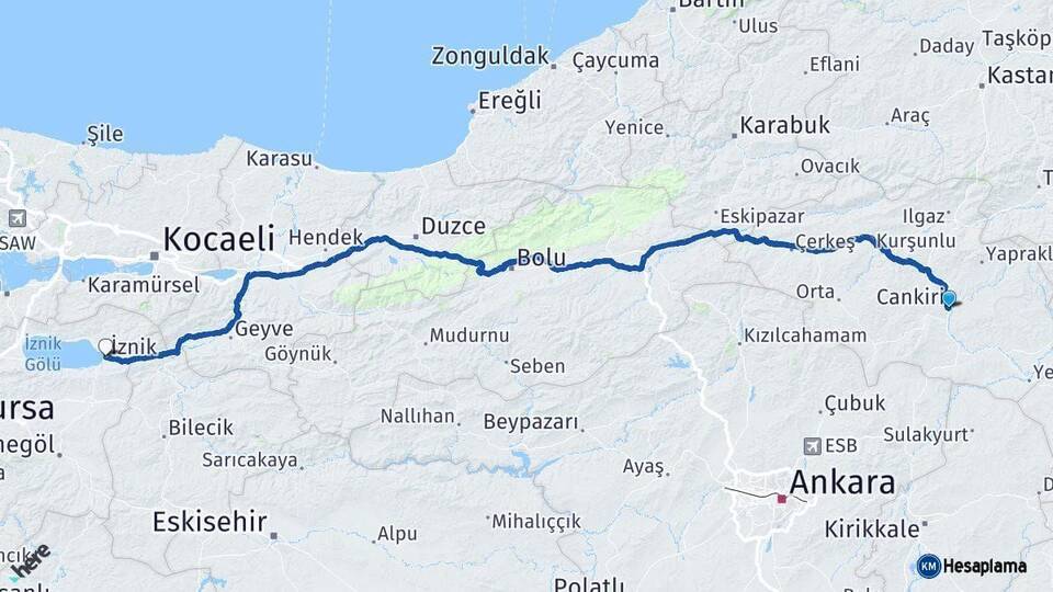 Çankırı İznik Bursa Arası Kaç Km - Yol Haritası