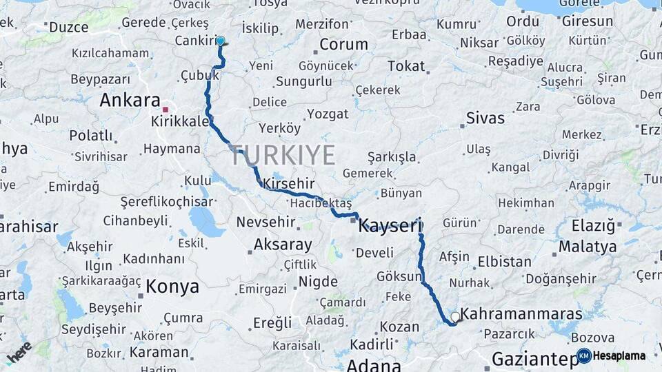 Çankırı Kahramanmaraş Arası Kaç Km - Yol Haritası