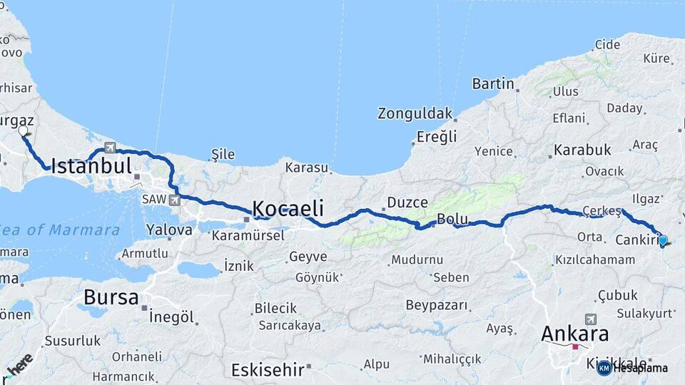 Çankırı Kapaklı Tekirdağ Arası Kaç Km - Yol Haritası