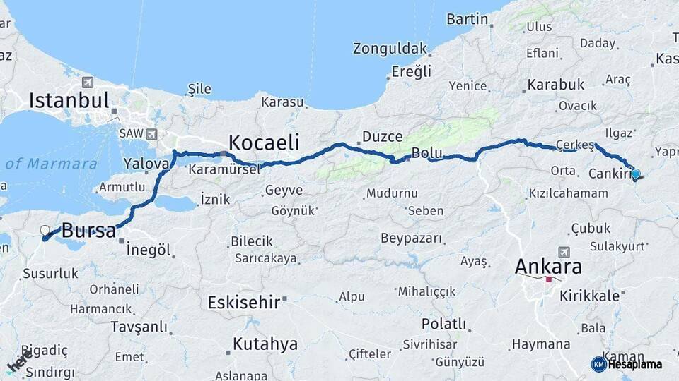 Çankırı Karacabey Bursa Arası Kaç Km - Yol Haritası