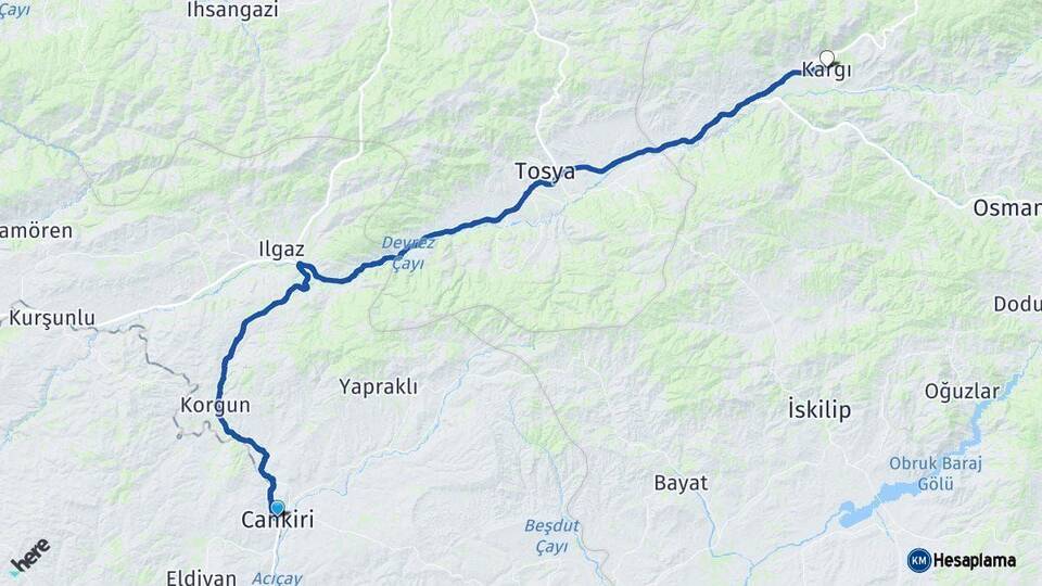 Çankırı Kargı Çorum Arası Kaç Km - Yol Haritası