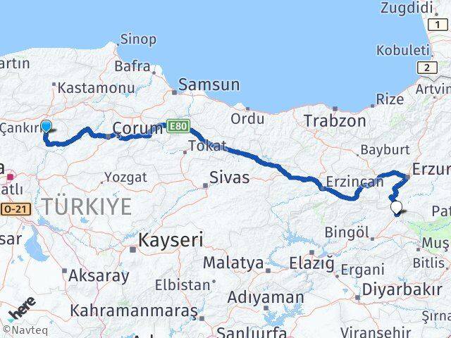 Çankırı Karlıova Bingöl Arası Kaç Km - Yol Haritası